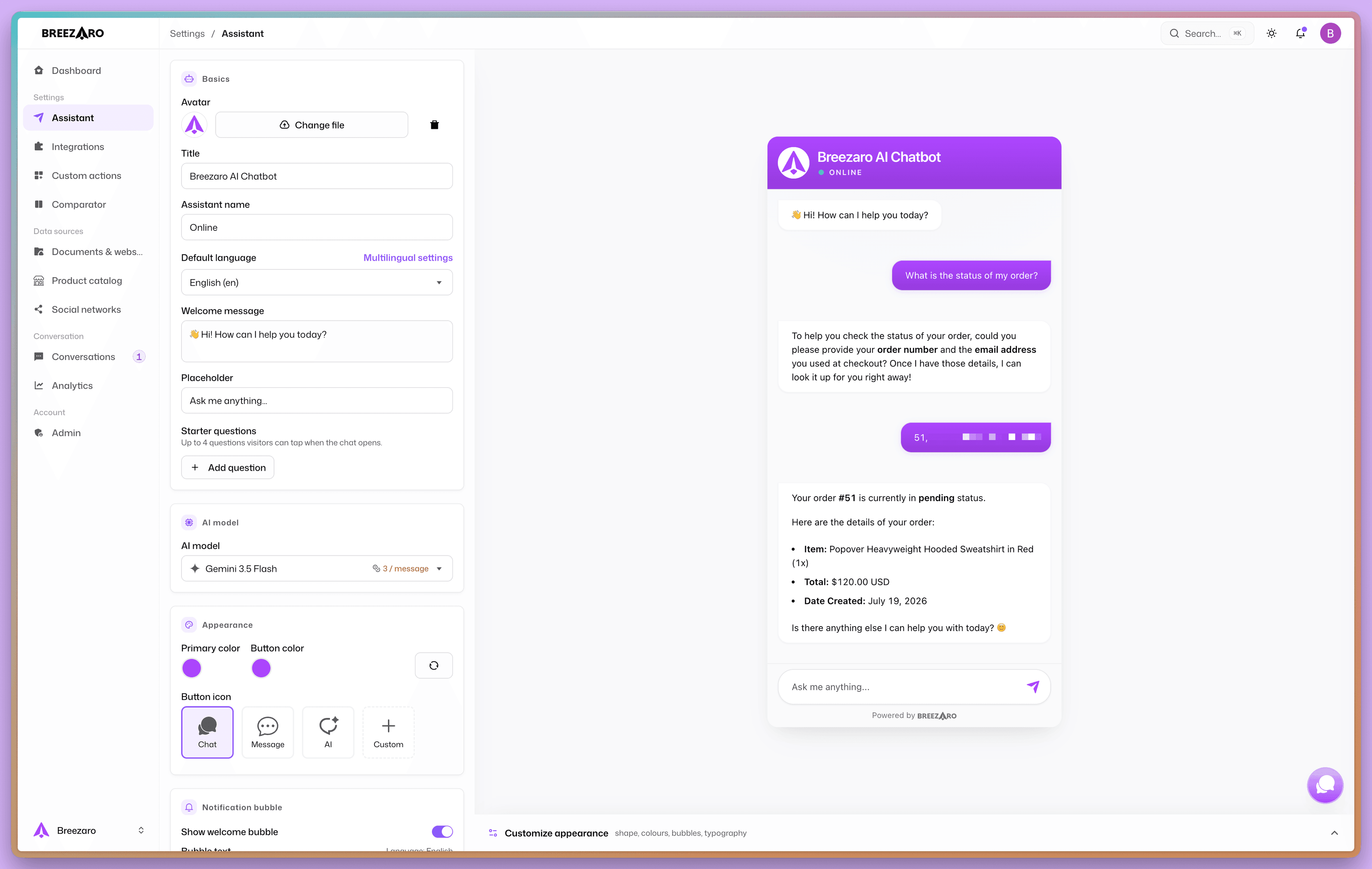 Breezaro interface showing an example customer conversation with a connected action