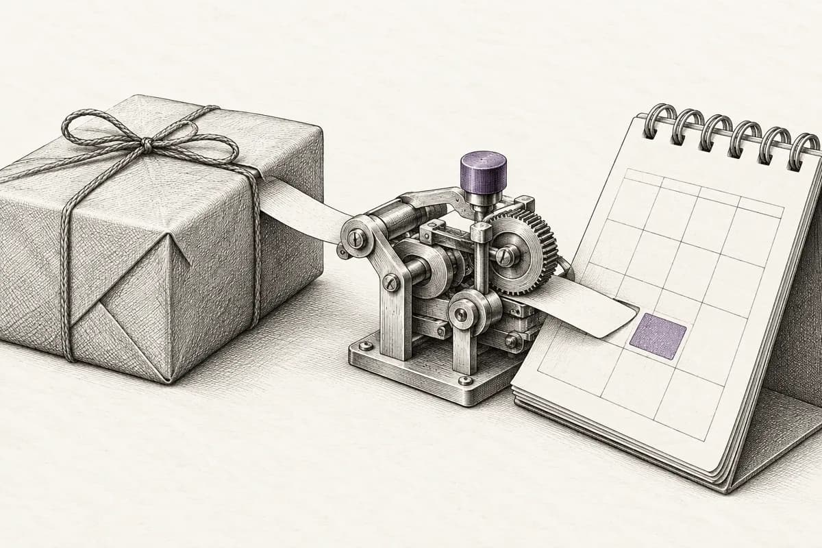 Engraved illustration of a parcel, a mechanical device and an appointment calendar