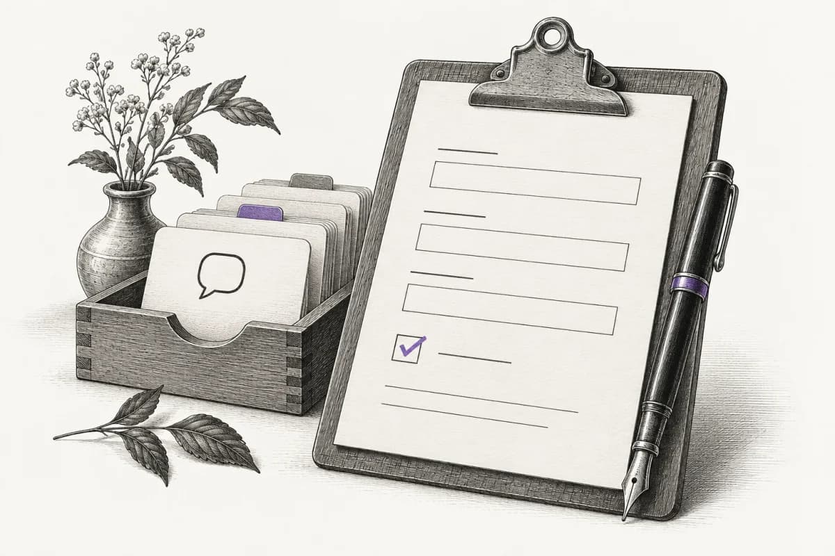 Fine engraved illustration of a paper form, fountain pen and organized conversation cards.