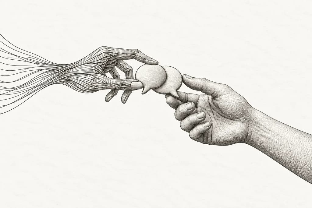 Illustration of a fiber-formed hand passing a conversation symbol to a human hand.