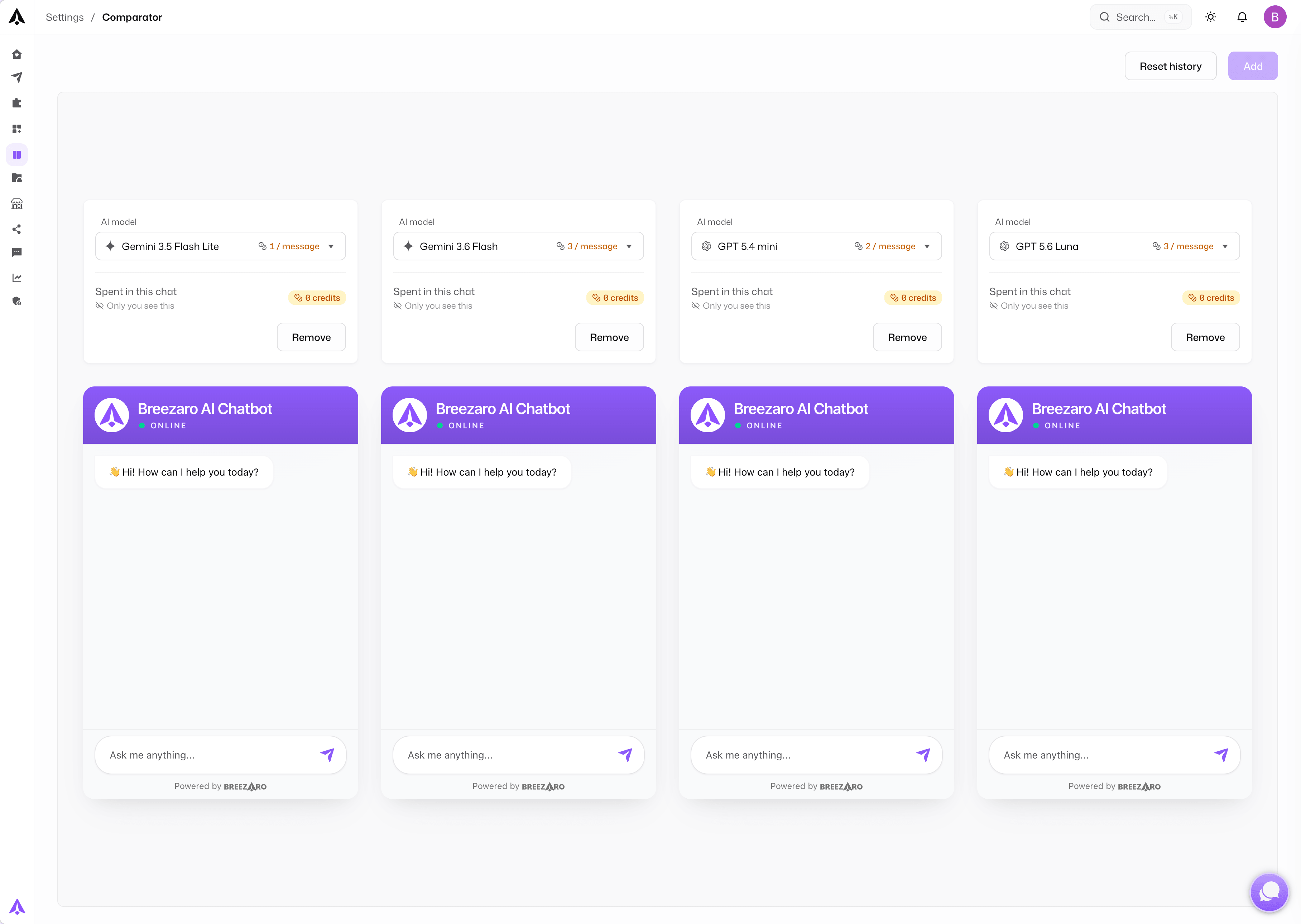 Comparator dashboard with multiple model panels rendering responses side-by-side
