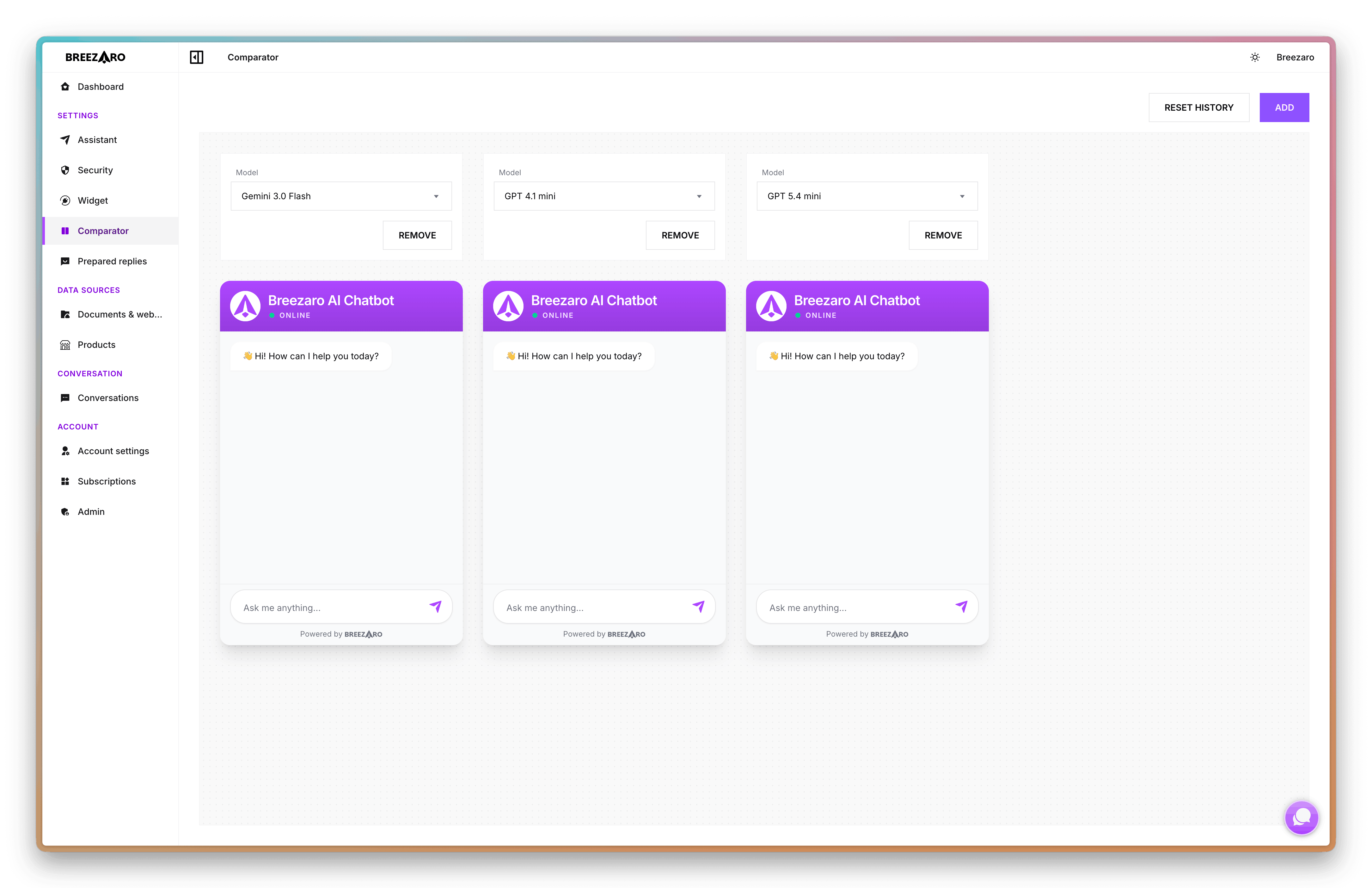 Comparator dashboard with multiple model panels rendering responses side-by-side