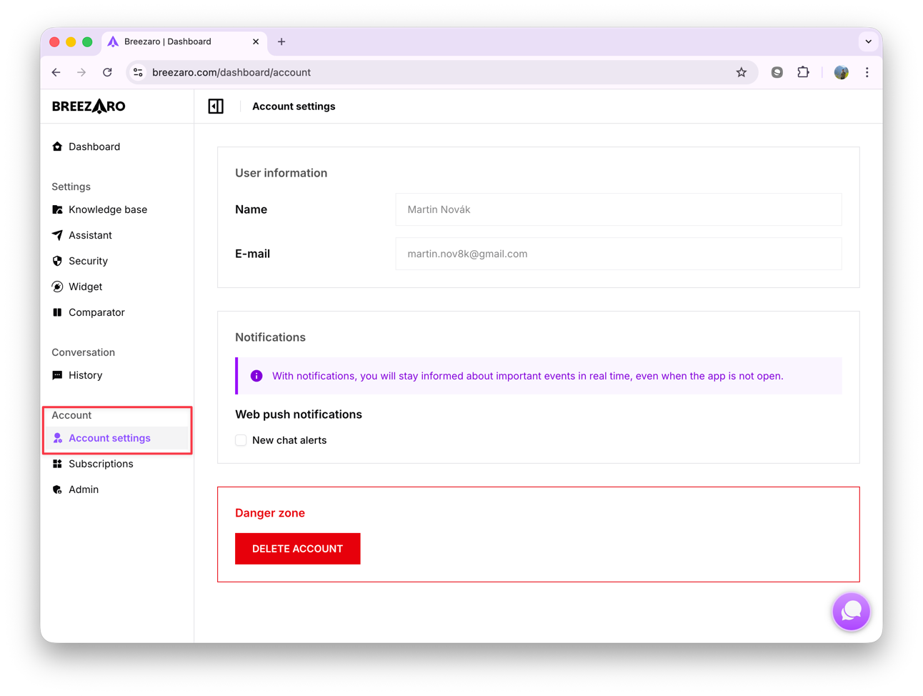 Screenshot of the Settings section in the application.