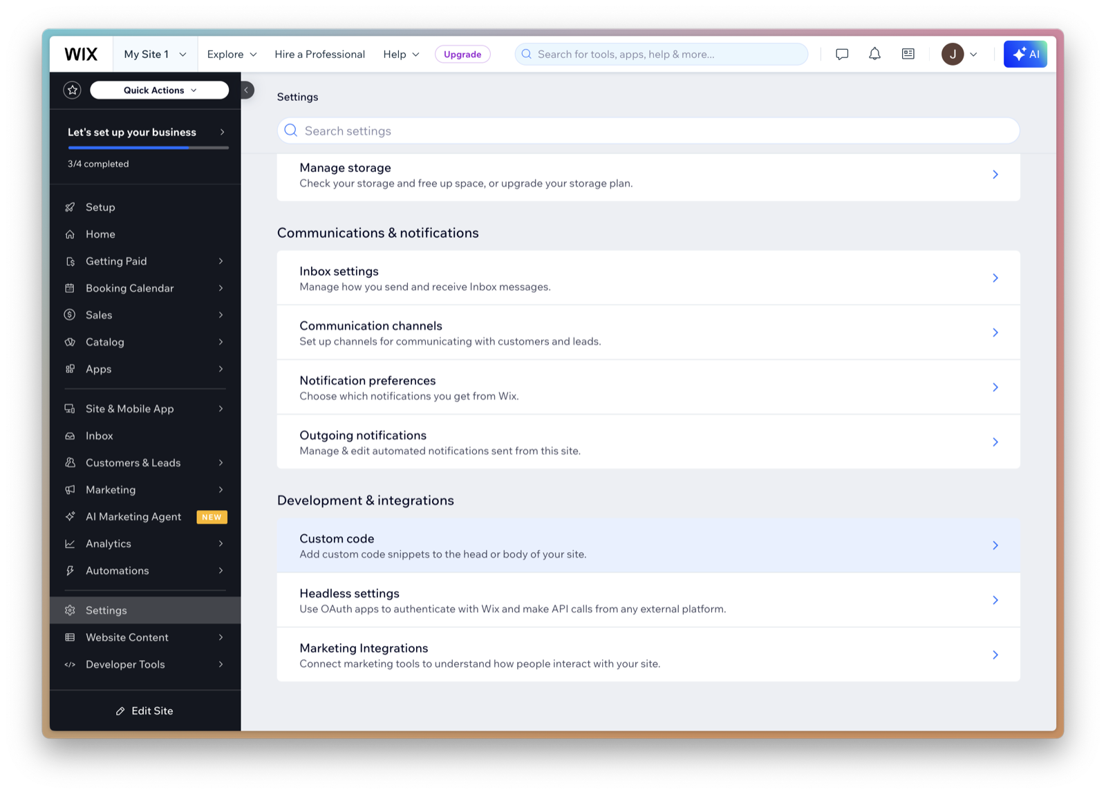 A website builder's custom code settings