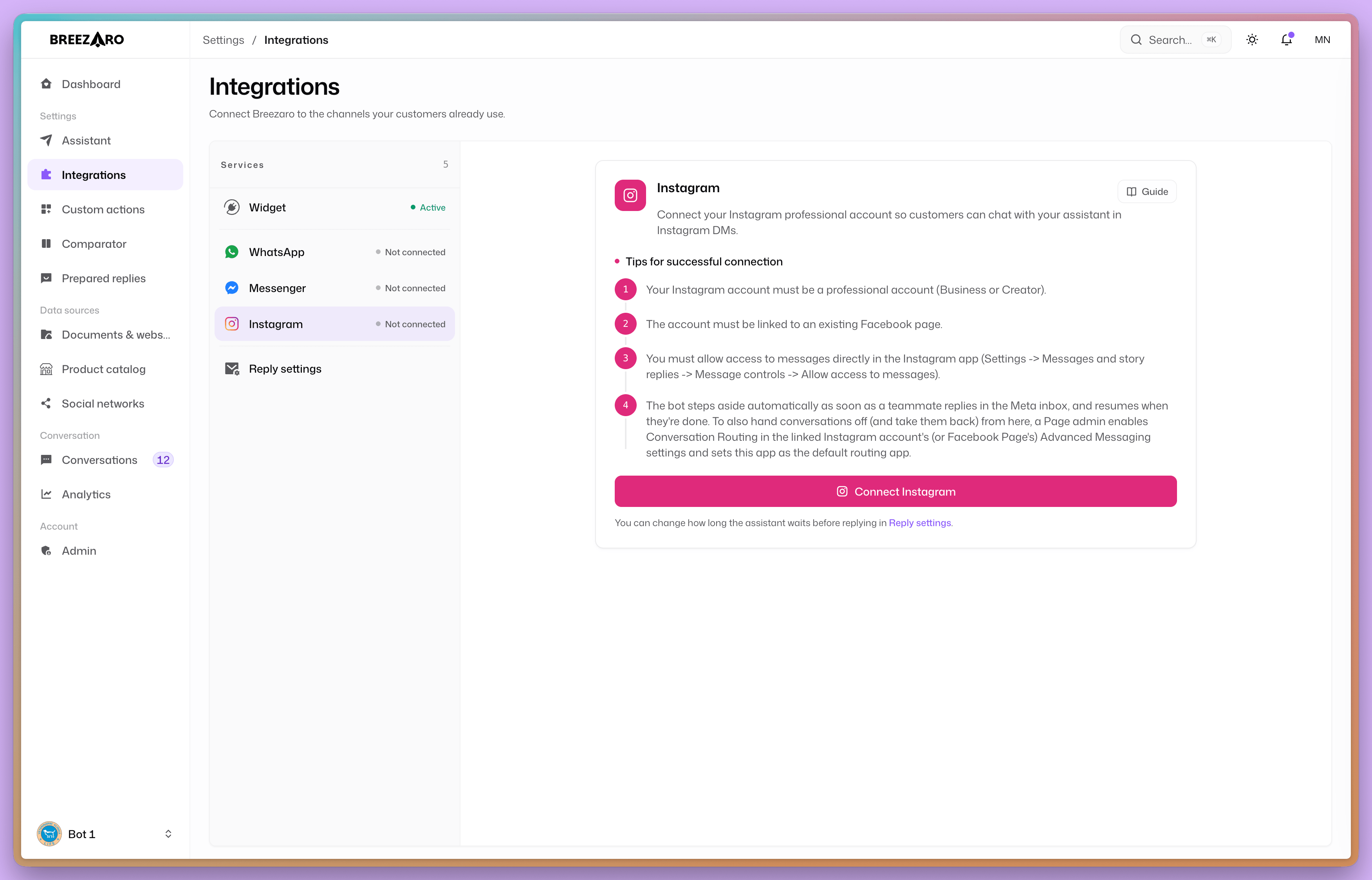 Connecting the Messenger and Instagram channels under Integrations in the Breezaro dashboard