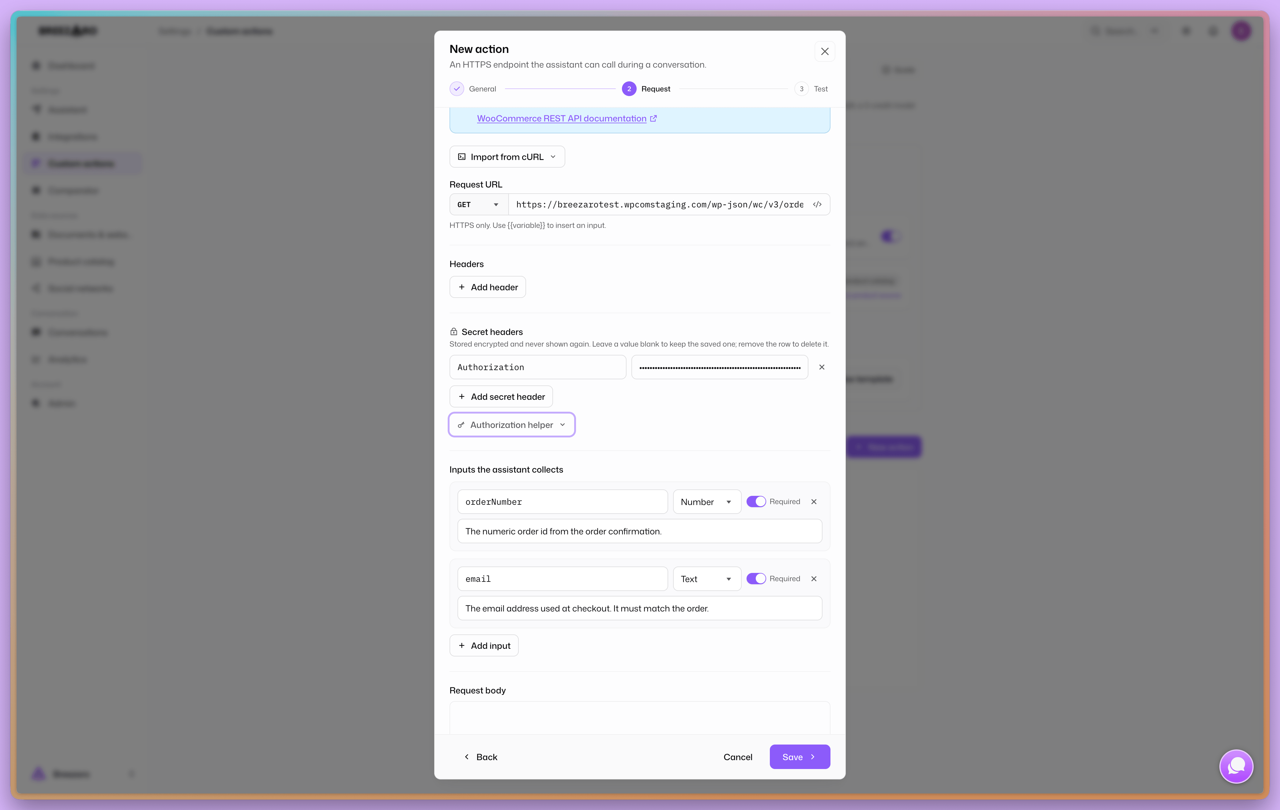The Breezaro custom action editor showing method, URL, inputs and secret headers