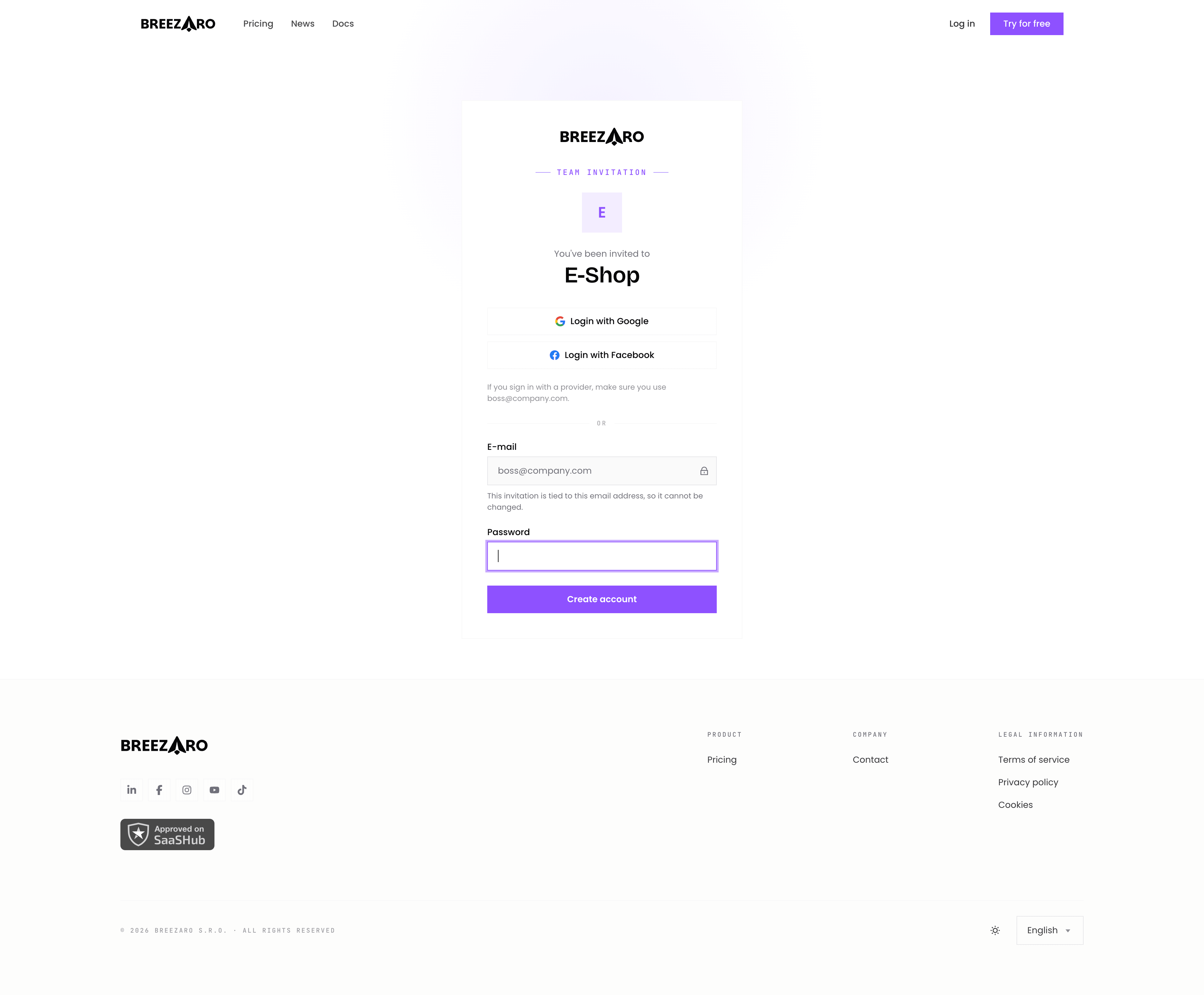 The invitation accept screen with the email locked