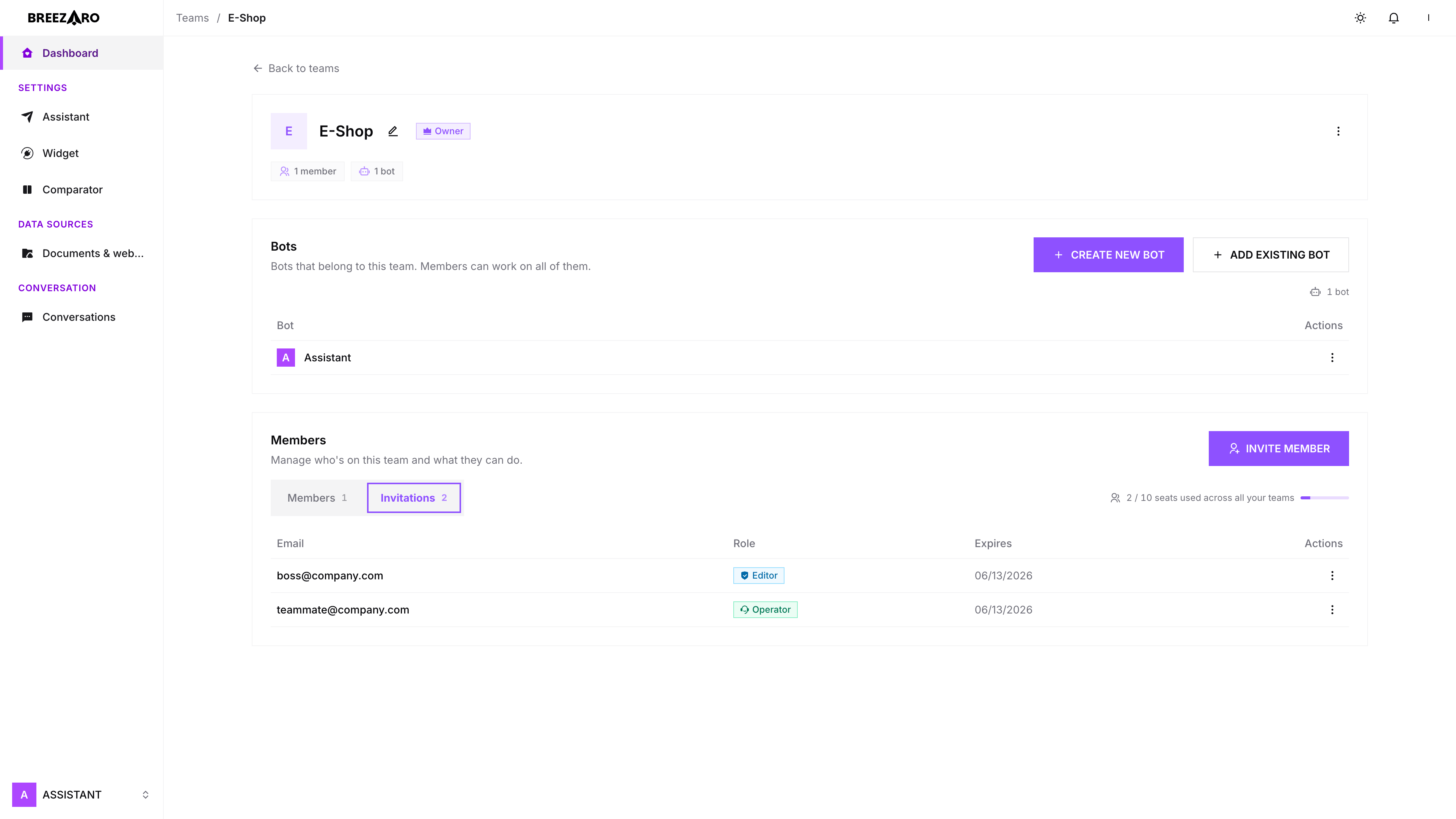 A team's detail page showing its bots