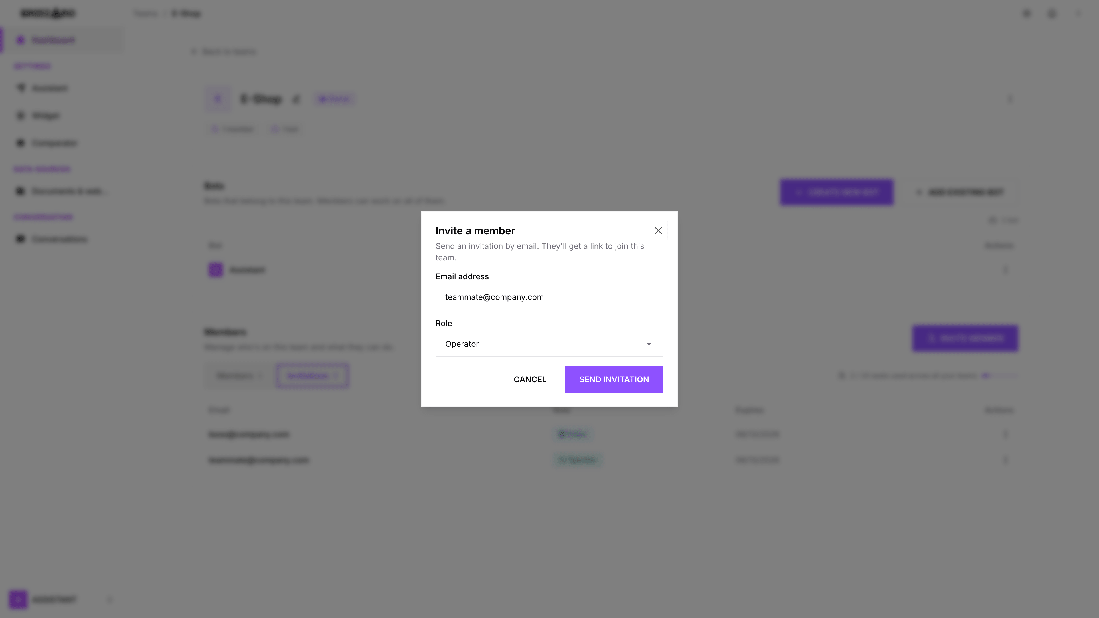 The “Invite a member” dialog with the role picker
