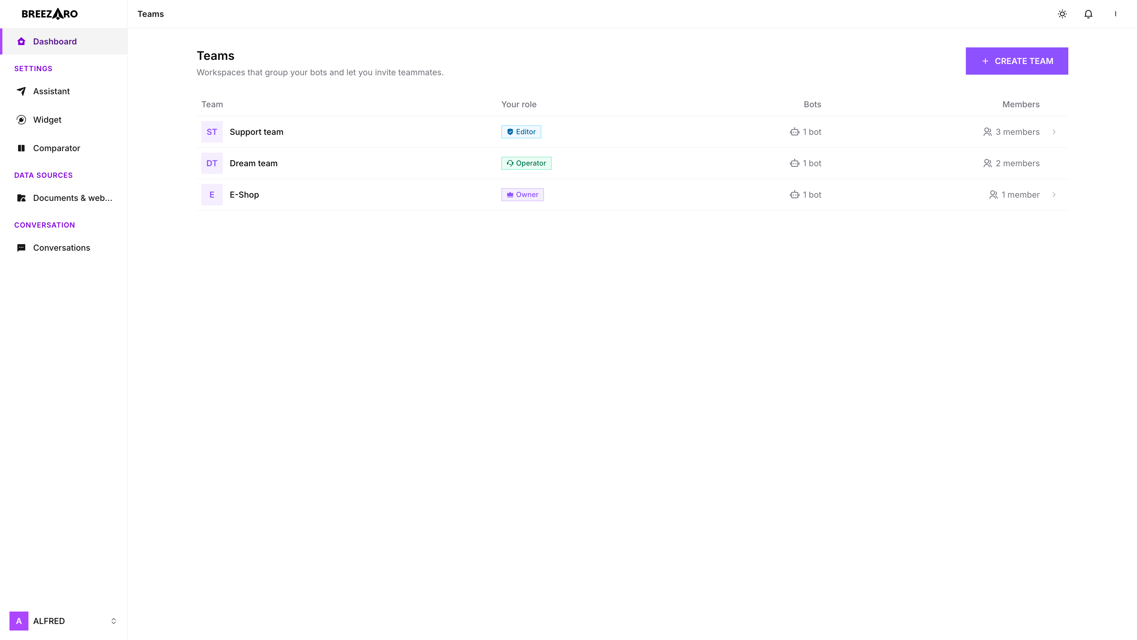 The Teams list with the “Create team” button