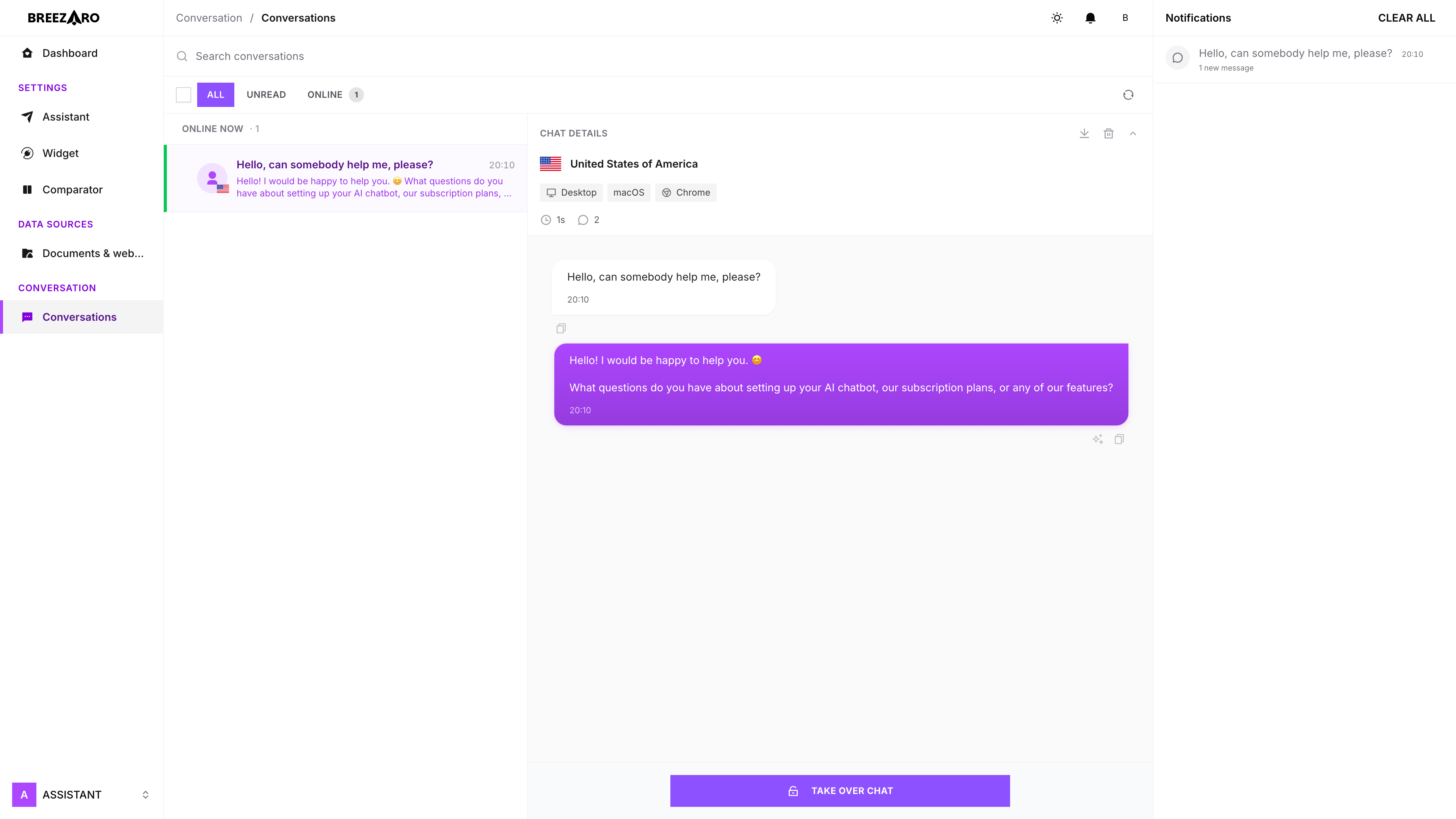 Taking over a live chat from the inbox