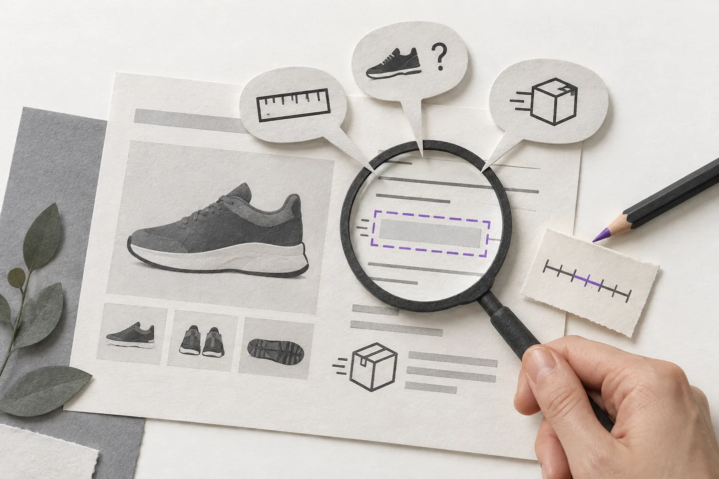 A magnifying glass over a shoe product page, questions about sizing and delivery, and a pencil adding missing information