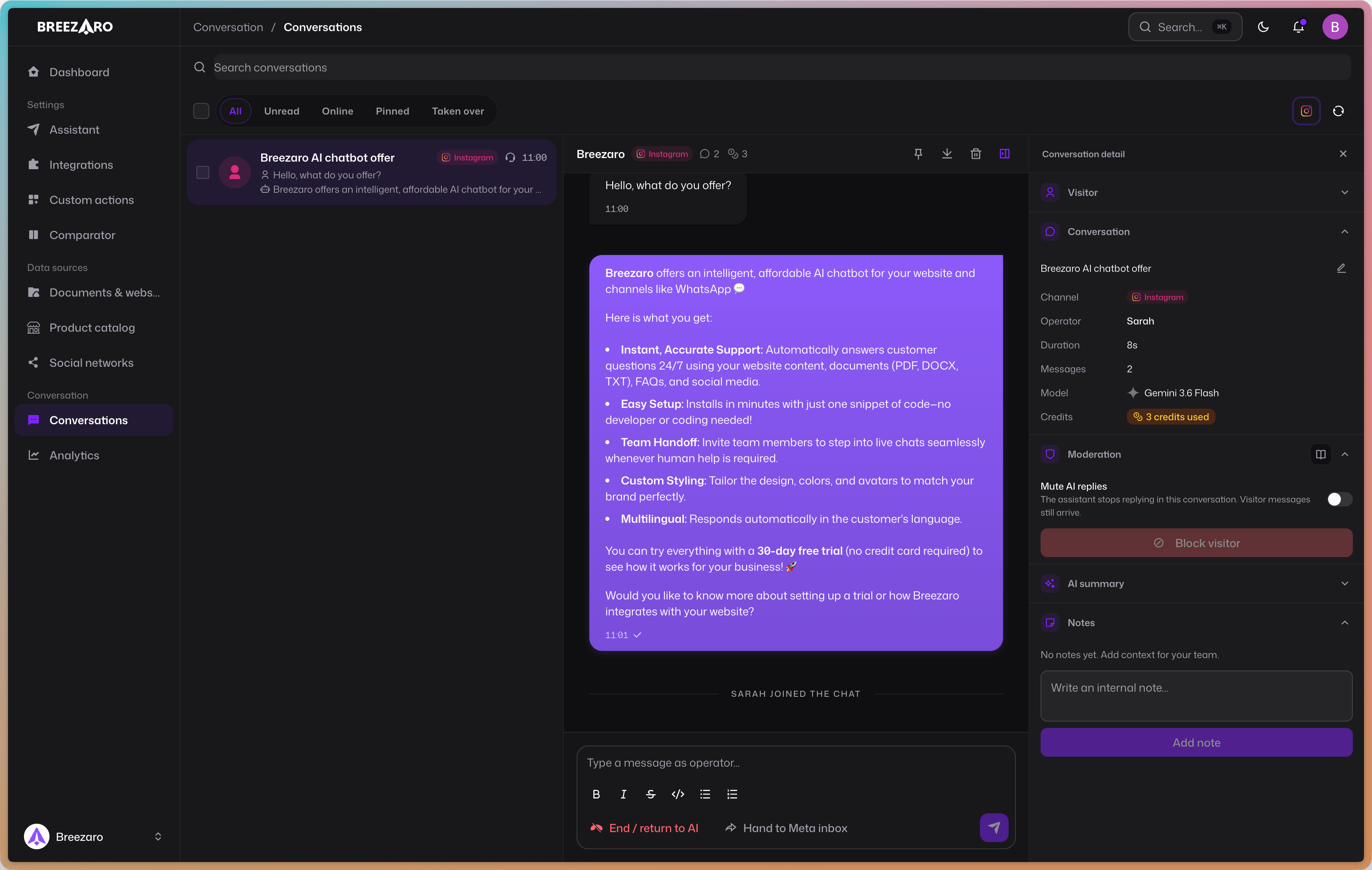 Inbox v aplikaci Breezaro Companion a konverzace převzatá operátorem
