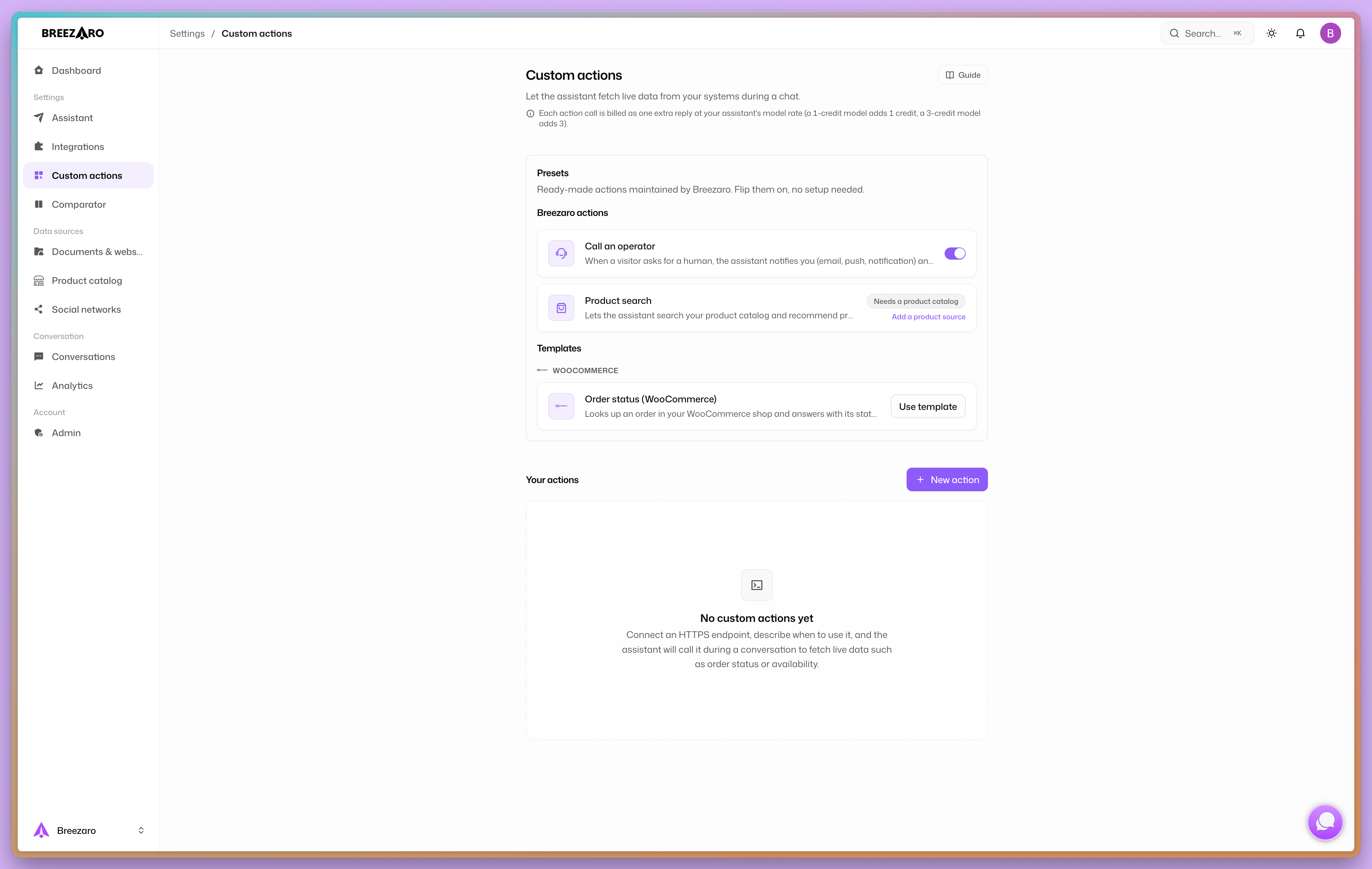 The gallery of templates and custom actions in the Breezaro dashboard