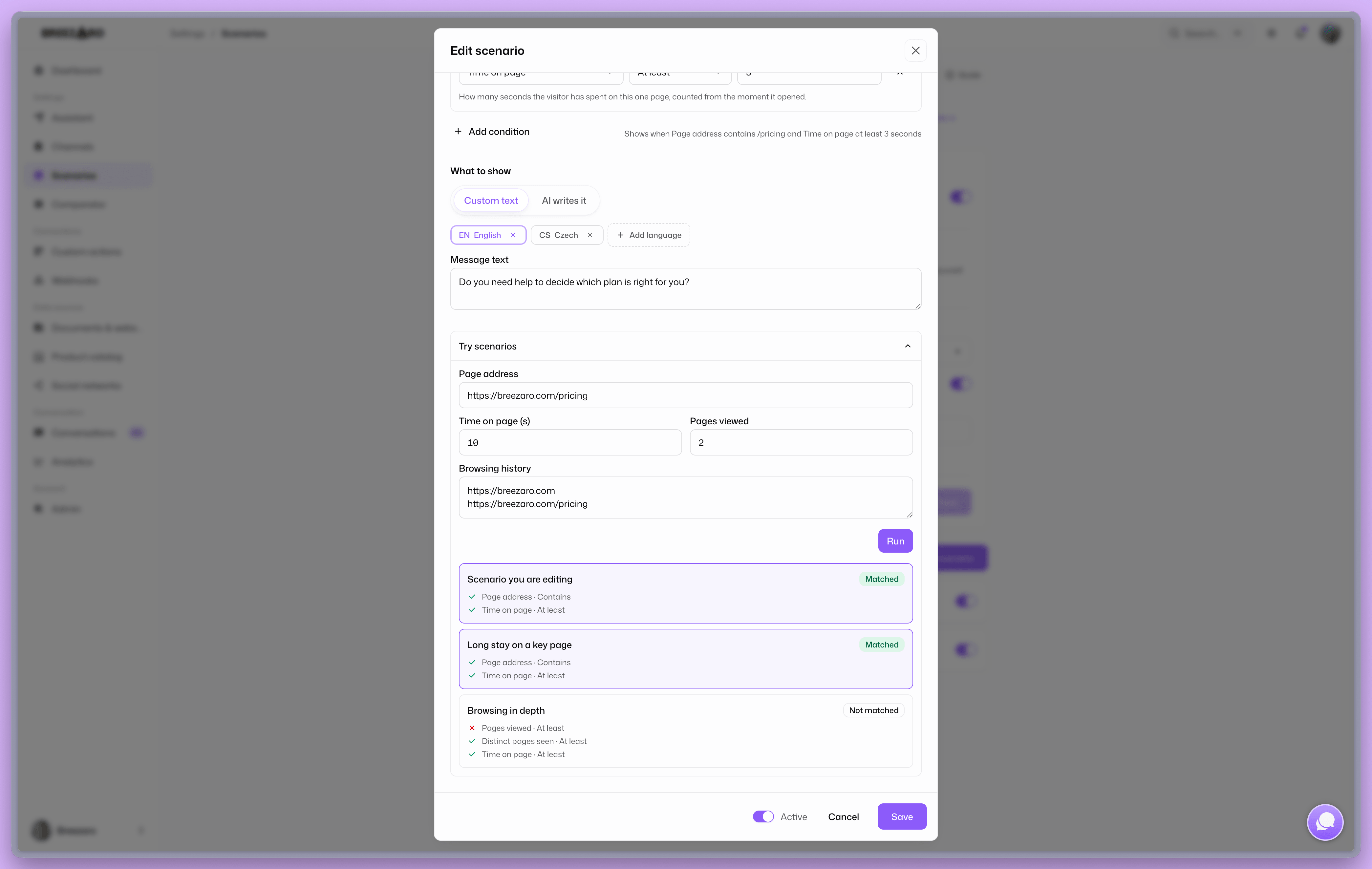 The Try scenarios panel with a verdict for each individual condition