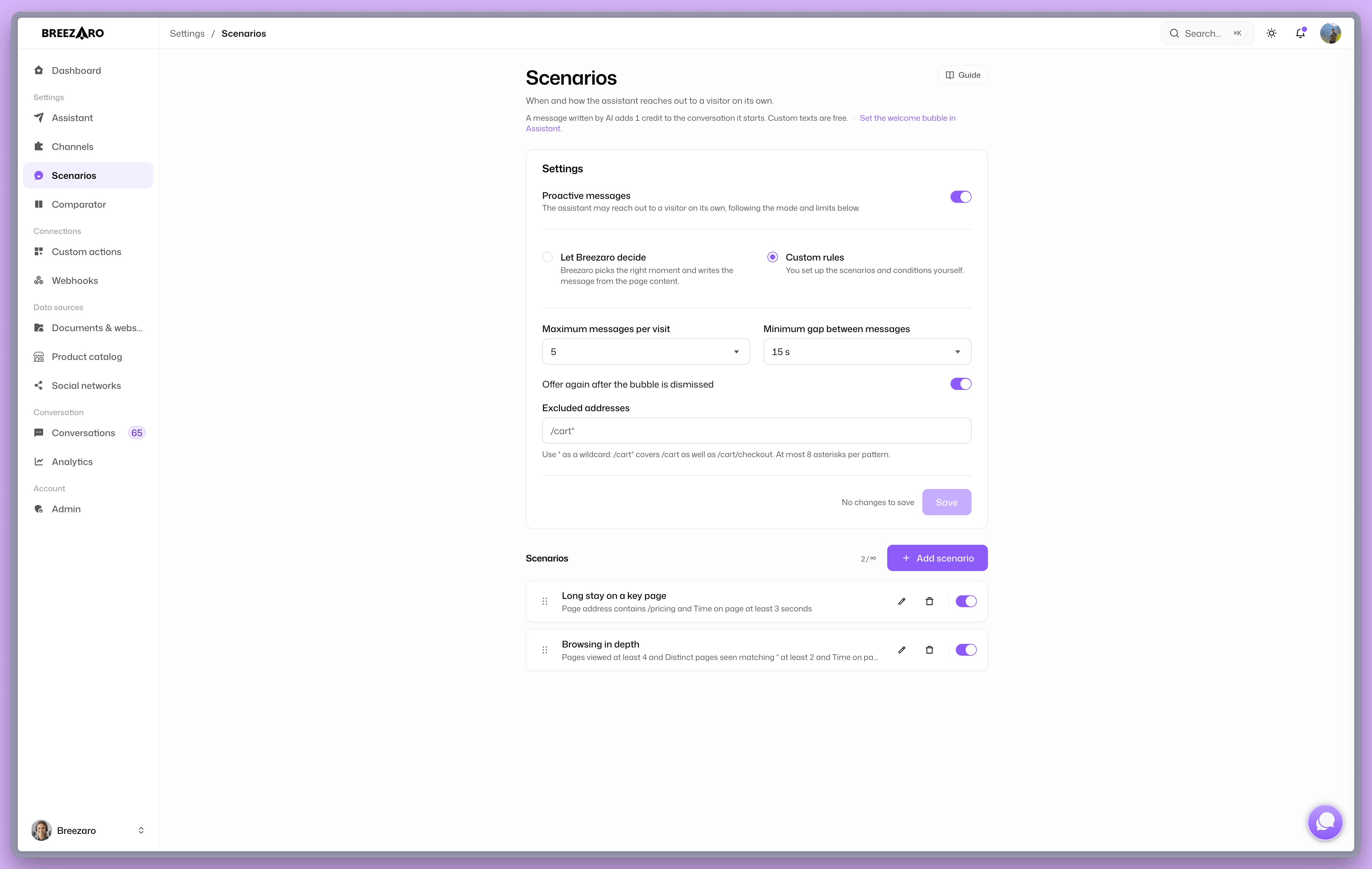 The Scenarios page in the Breezaro dashboard with mode settings and the list of scenarios