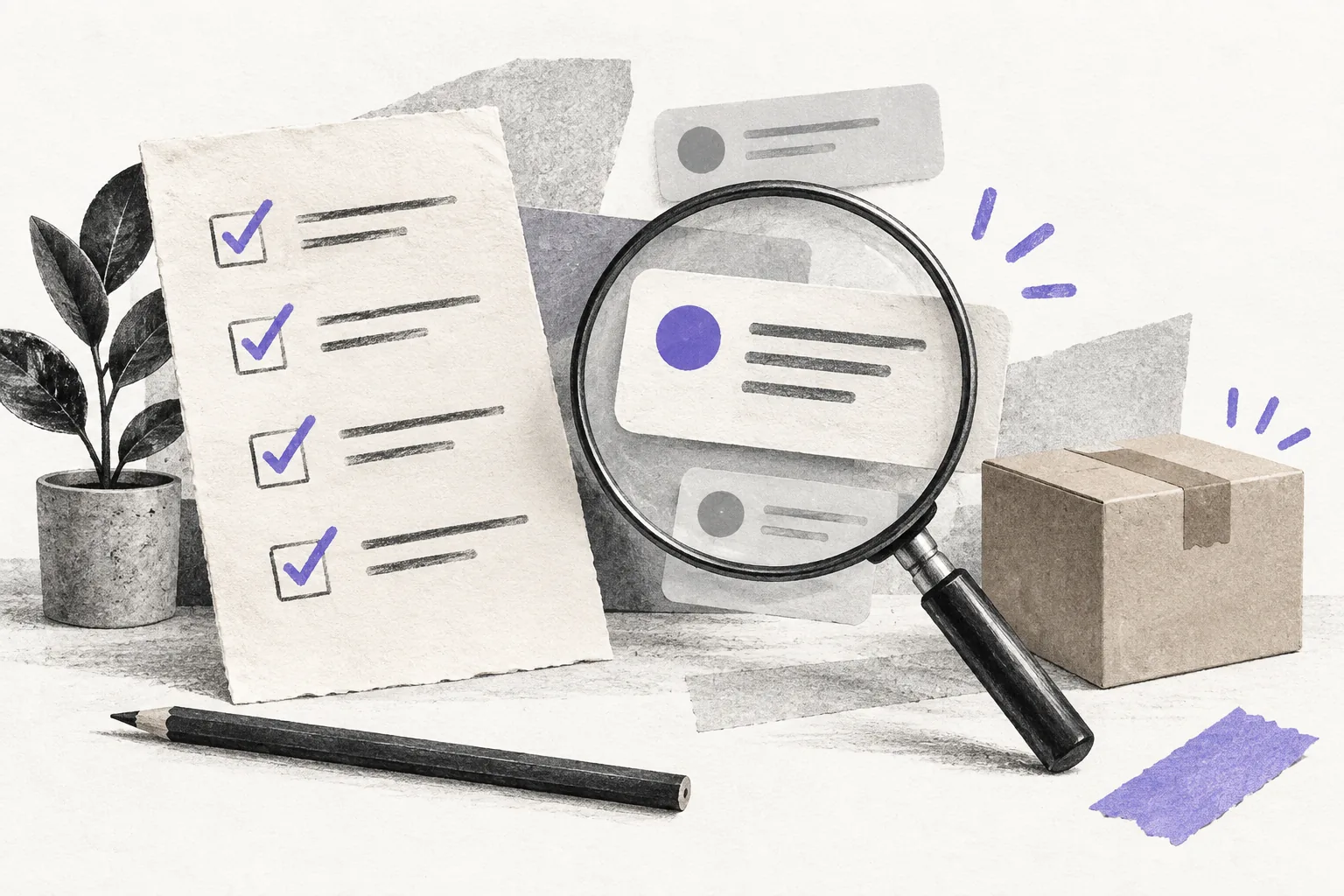 Illustration of a customer chat alongside a prelaunch checklist