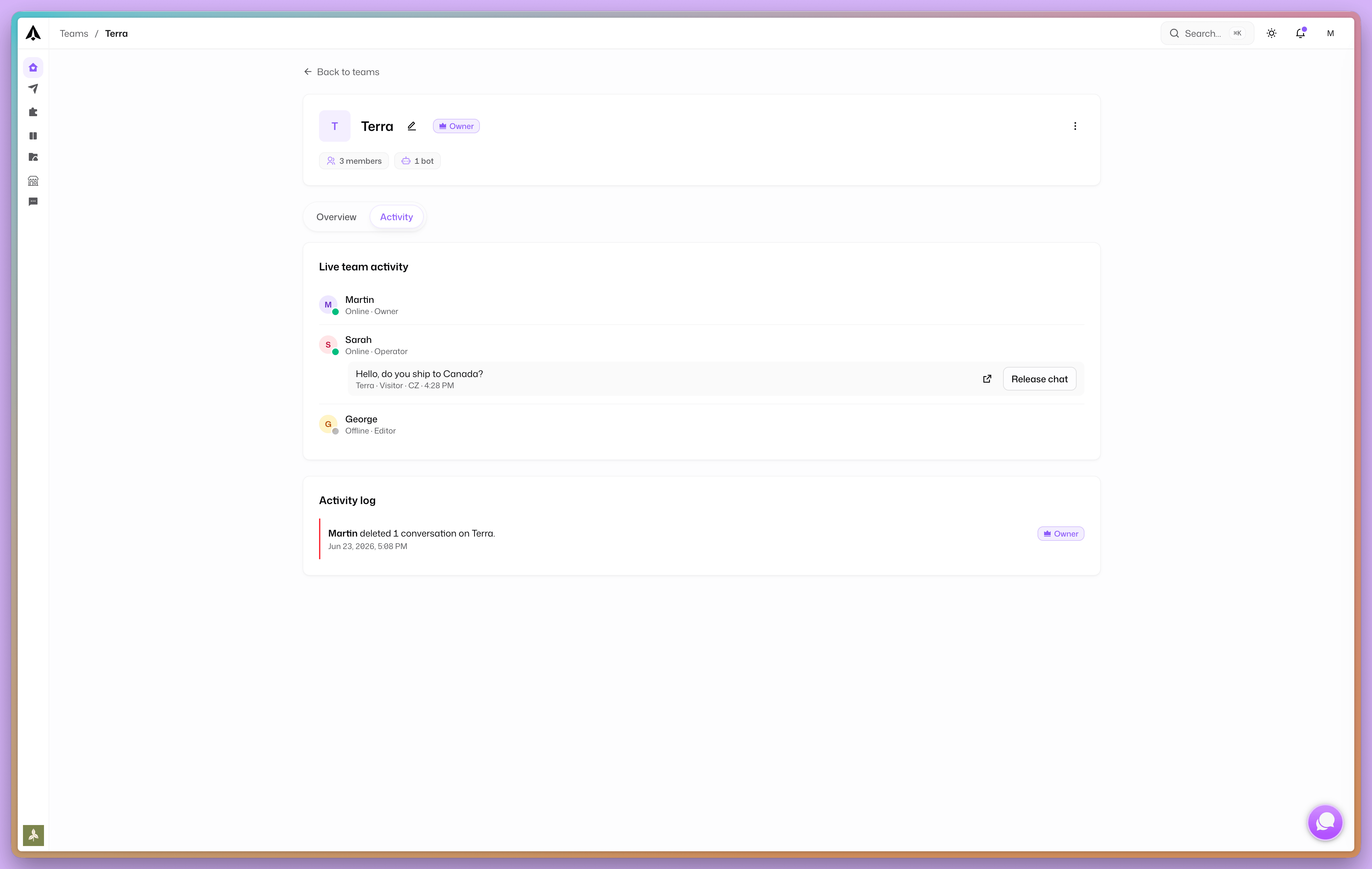 The Activity section in the team detail