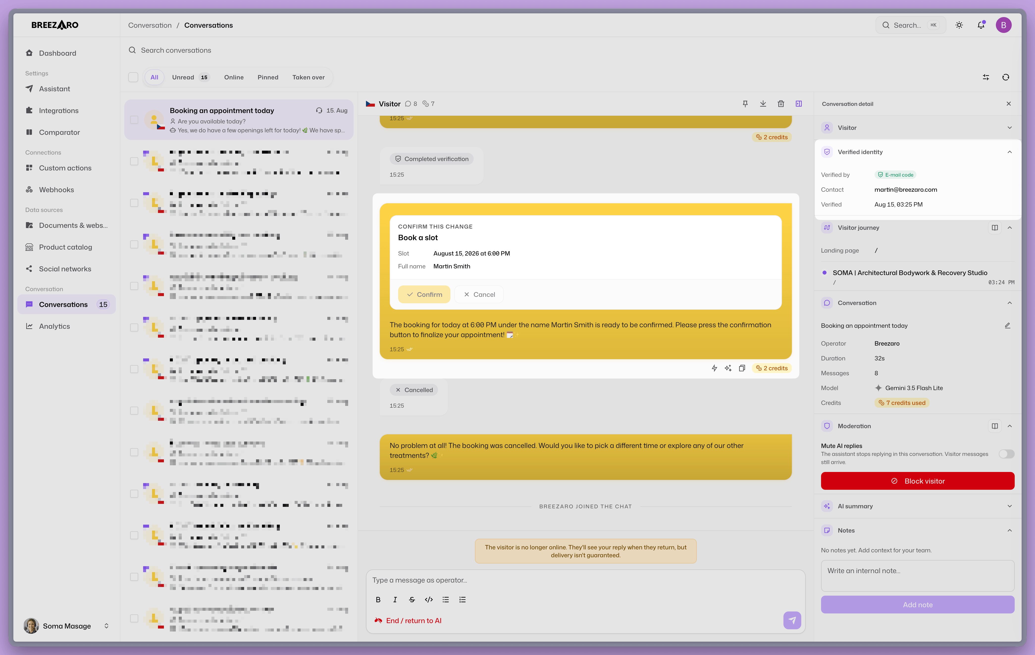 Conversation detail in the dashboard showing the visitor's verified identity panel