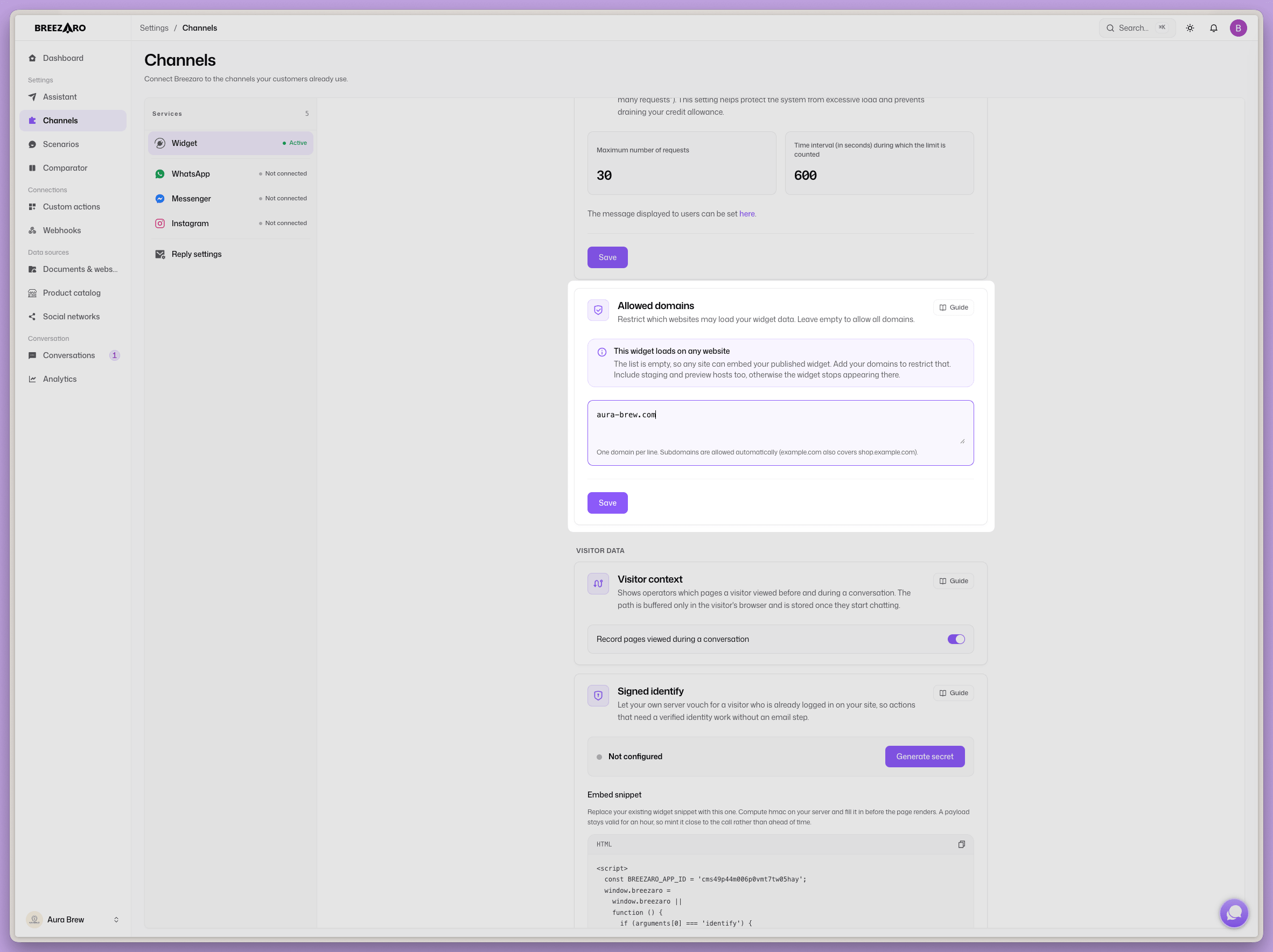 The widget allowed-domains setting in the dashboard
