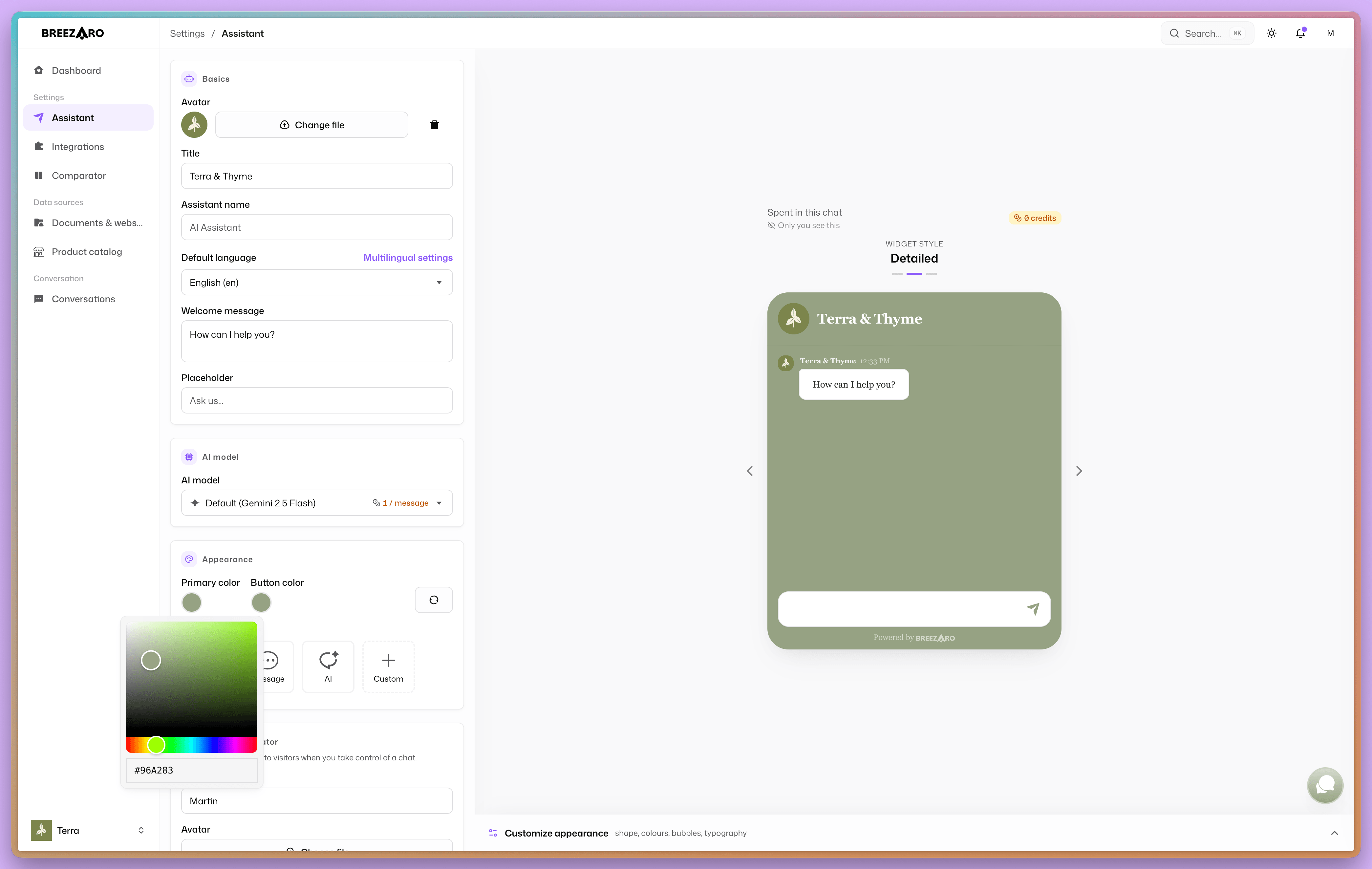 The brand color and launcher color pickers in the dashboard